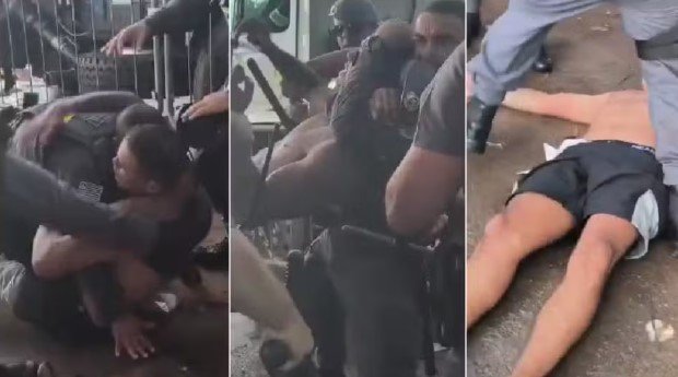 pm-e-flagrada-agredindo-homem-durante-dispersao-de-megabloco-no-ibirapuera,-na-zona-sul-de-sp