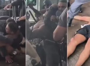 pm-e-flagrada-agredindo-homem-durante-dispersao-de-megabloco-no-ibirapuera,-na-zona-sul-de-sp